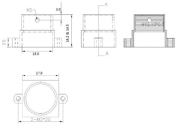 Металлический держатель объектива M12, расстояние между отверстиями 20 мм.